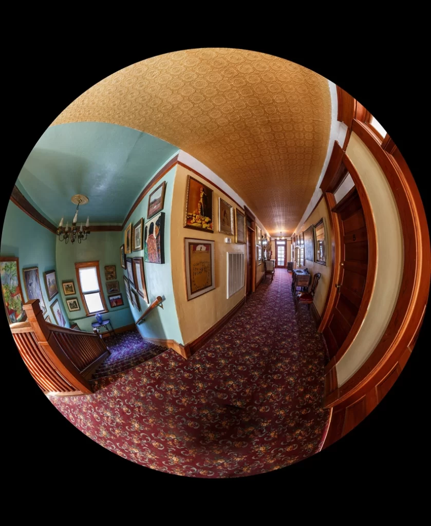 Fisheye view of the upstairs hallway at the Simpson Hotel